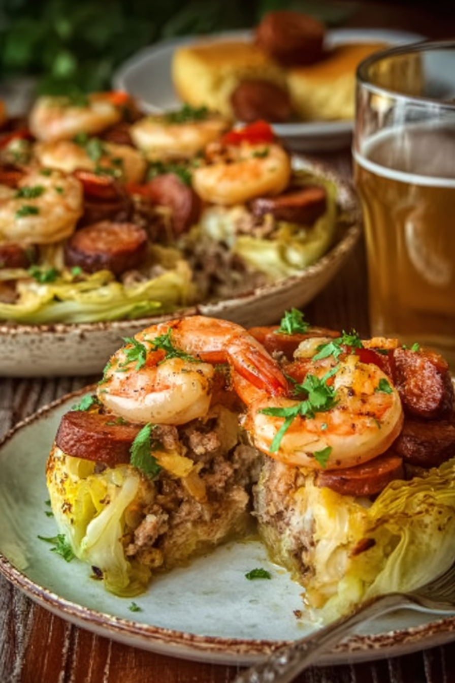 A rustic, family-style serving scene of a cabbage boil with shrimp and sausage, presented in a baking dish on a wooden table, ready for sharing.