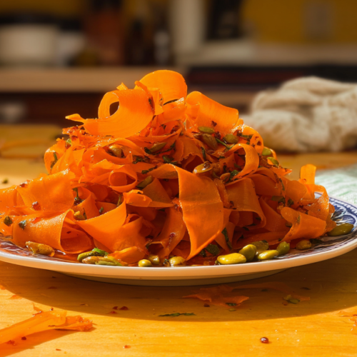 Carrot ribbon salad with chili crisp, featuring vibrant, lightly toasted carrot ribbons offering a deeper aromatic flavor and tender texture.