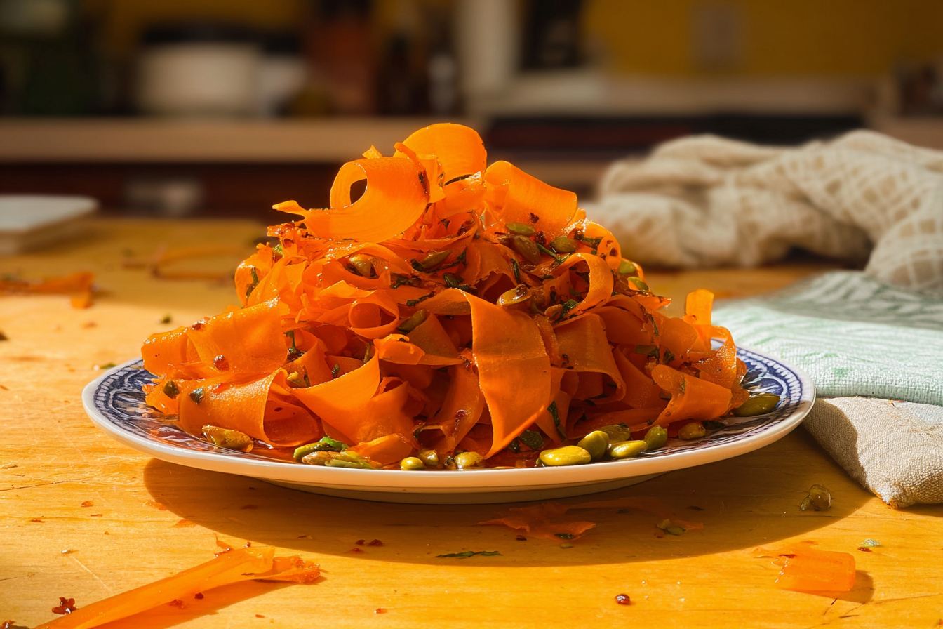 Carrot ribbon salad with chili crisp, featuring vibrant, lightly toasted carrot ribbons offering a deeper aromatic flavor and tender texture.