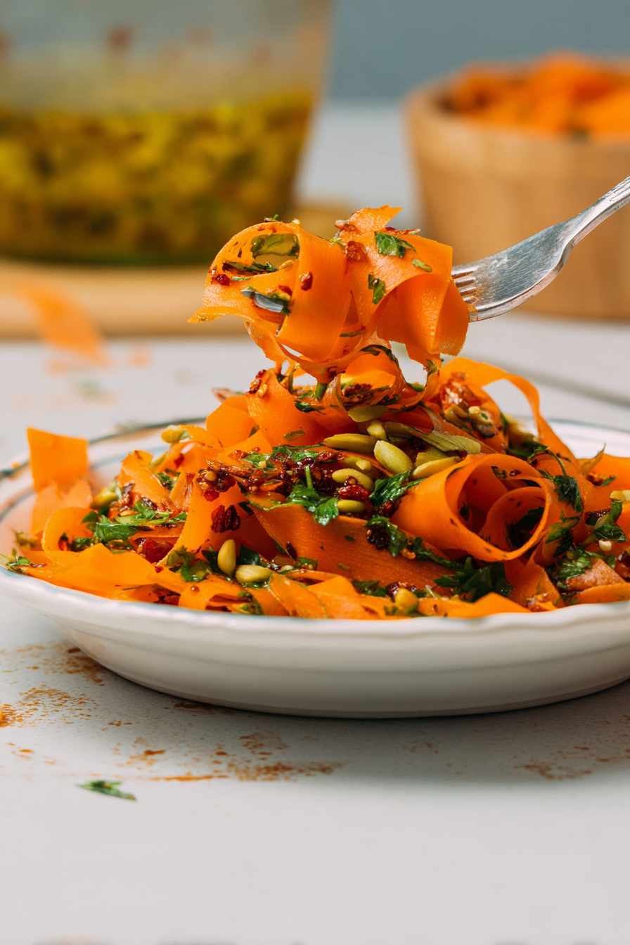 Close-up of toasted carrot ribbons in a carrot ribbon salad with chili crisp, showing their slightly softened texture and glossy coating.