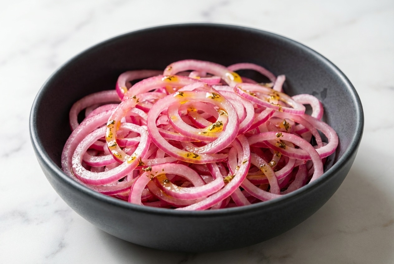 Vibrant pink cebolla curtida with red onion rings, green cilantro, and infused Aromatic Oil Bloom visible.