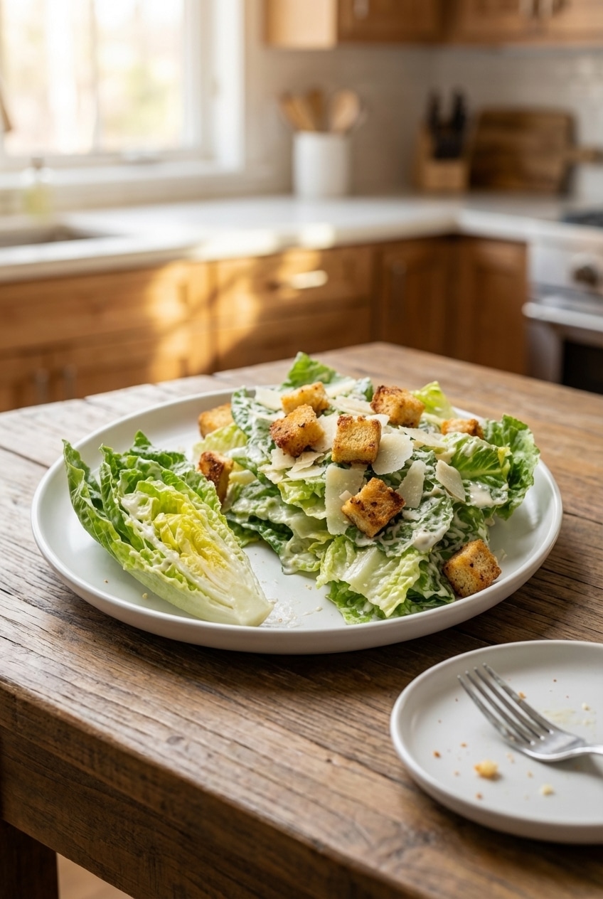 A refreshing bowl of cesar salad with Umami-Crusted Miso Croutons on a light-colored table, ready to be served.