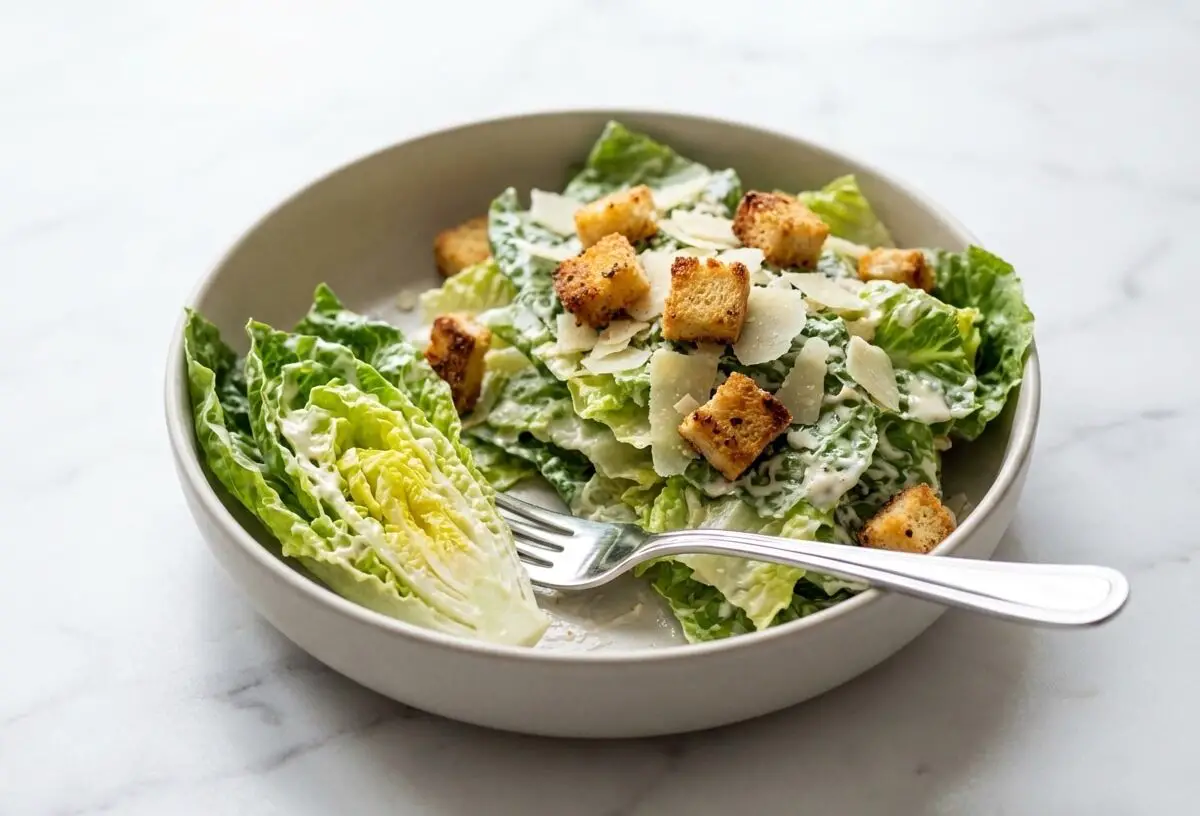 A vibrant caesar salad recipe featuring crisp romaine lettuce, shaved Parmigiano-Reggiano, and golden-brown Umami-Crusted Miso Croutons scattered on top.