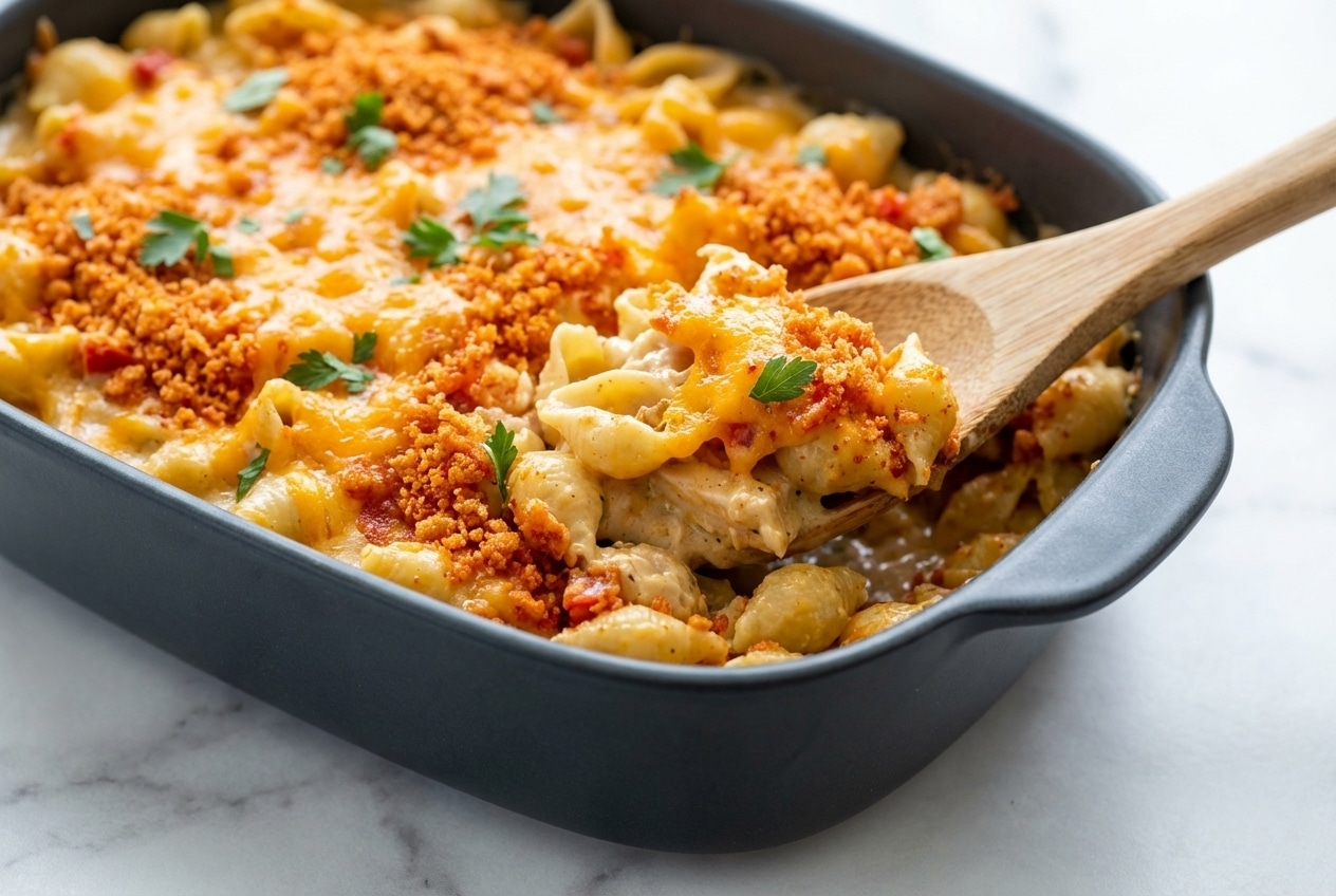 Cheesy chicken casserole topped with golden smoked paprika Ritz cracker crumbles and bubbly sharp cheddar.