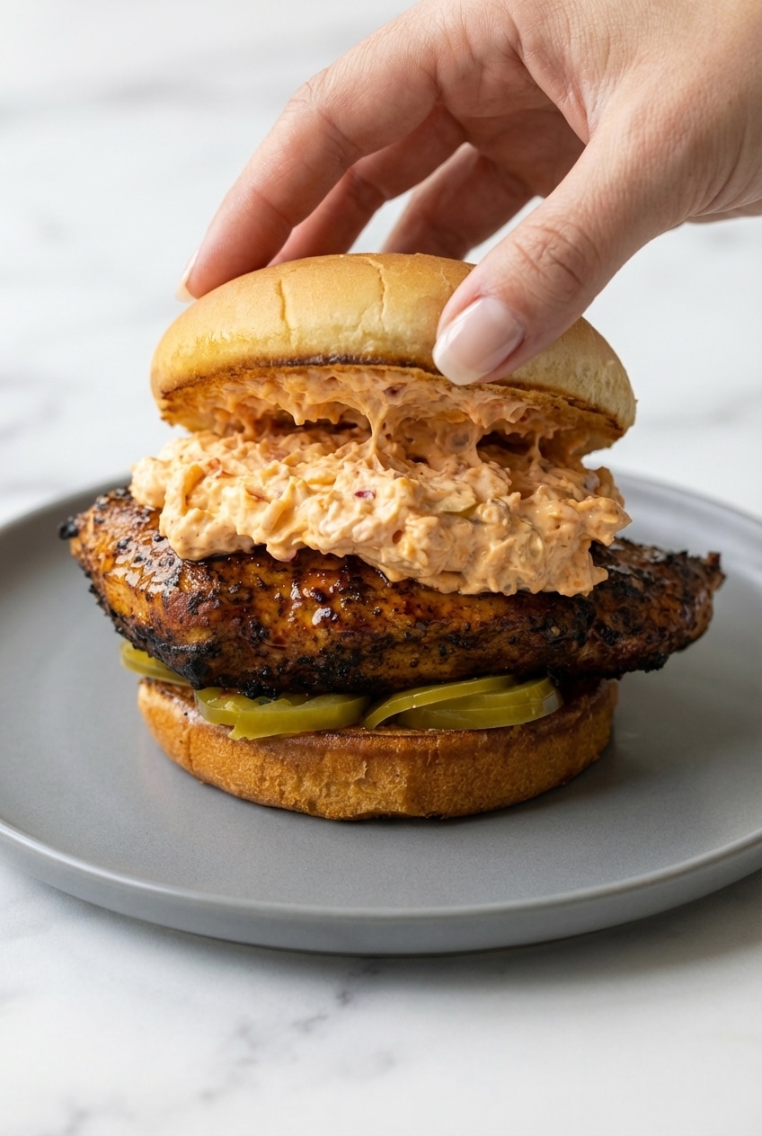 A golden-brown chicken fillet soaking in a hot honey pickle brine for the honey pepper pimento chicken sandwich.