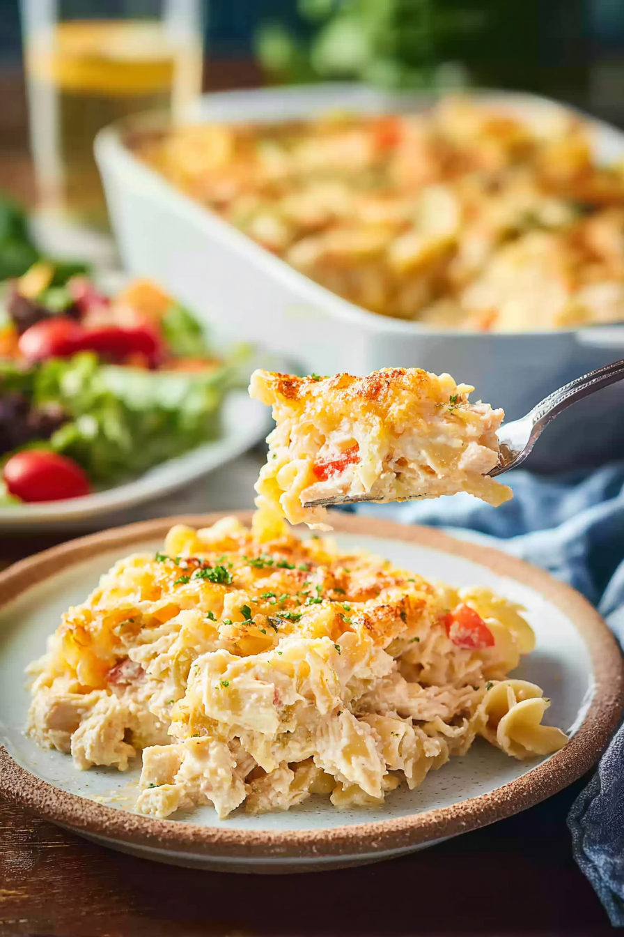 A cozy dining scene with a full chicken noodle casserole dish on a table, ready for a family dinner.