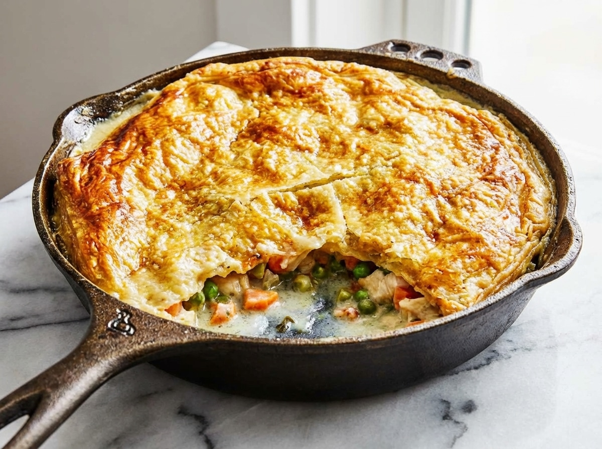Golden brown Chicken Pot Pie Recipe with a flaky puff pastry crust, showcasing a rich filling enhanced by brown butter and white wine deglazing.