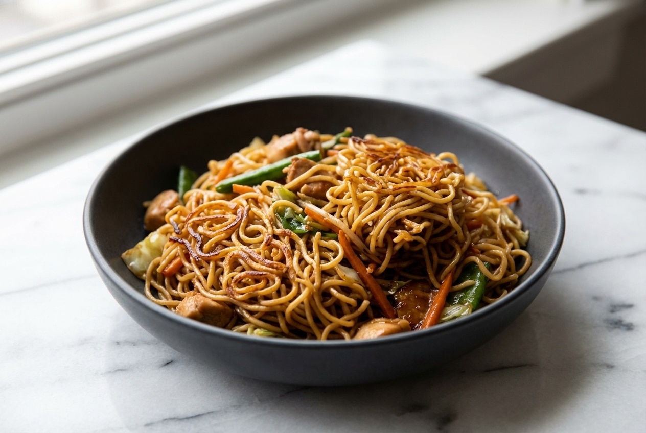 Close-up of golden brown chow mein noodles speckled with vegetables and chicken, showcasing the Double-Sear Noodle Method for extra crispiness.