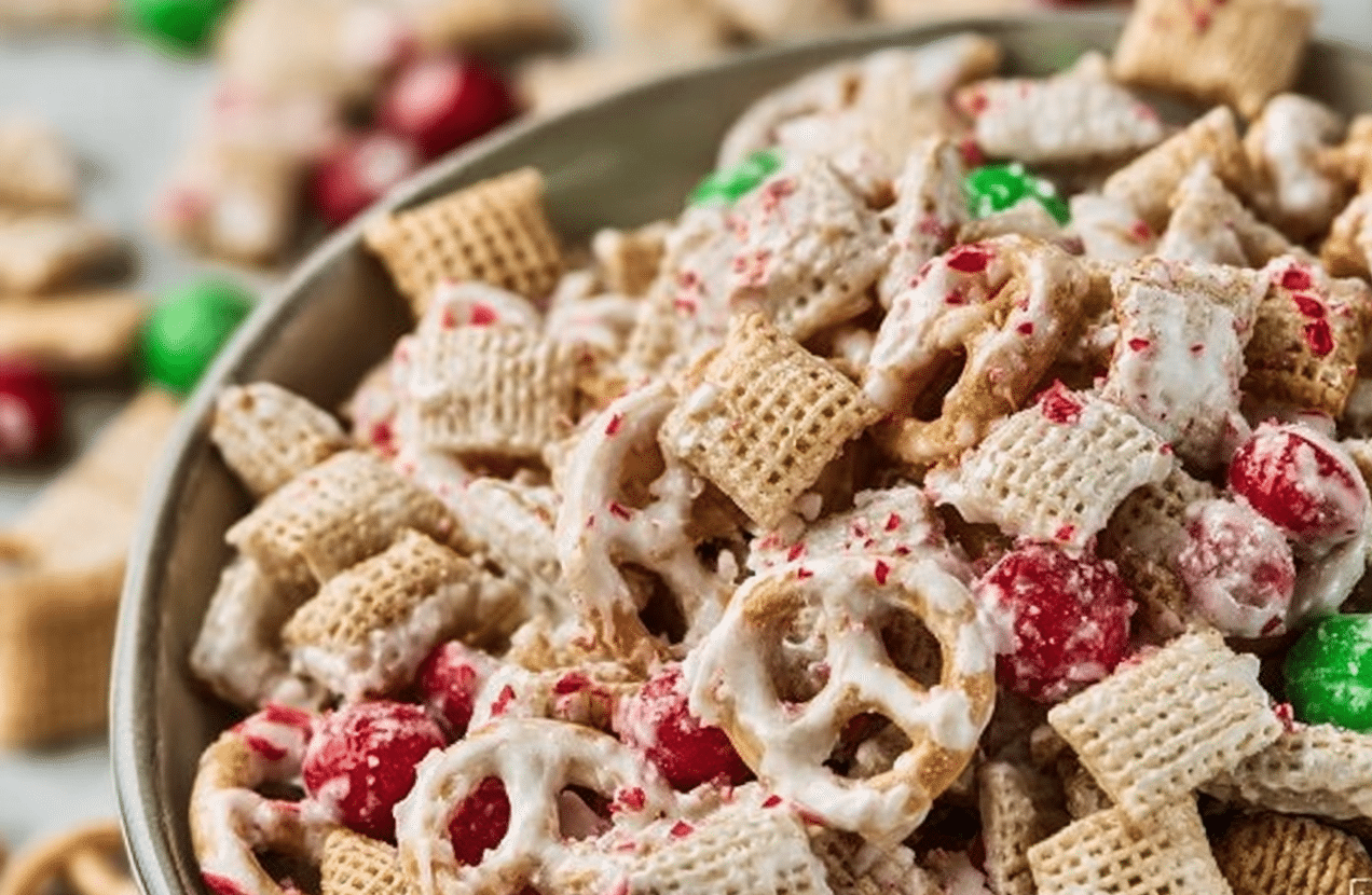 A festive bowl of Christmas Chex Mix generously coated in white chocolate with a hint of peppermint and sea salt, flecked with red and green M&Ms.