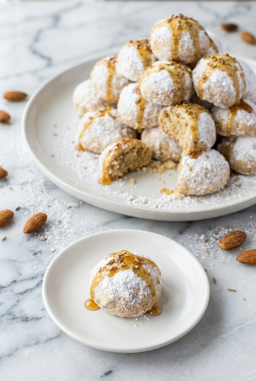 A close-up of a single italian wedding cookie, showcasing its soft, crumbly texture coated in white confectioners' sugar, resting on a lace doily.