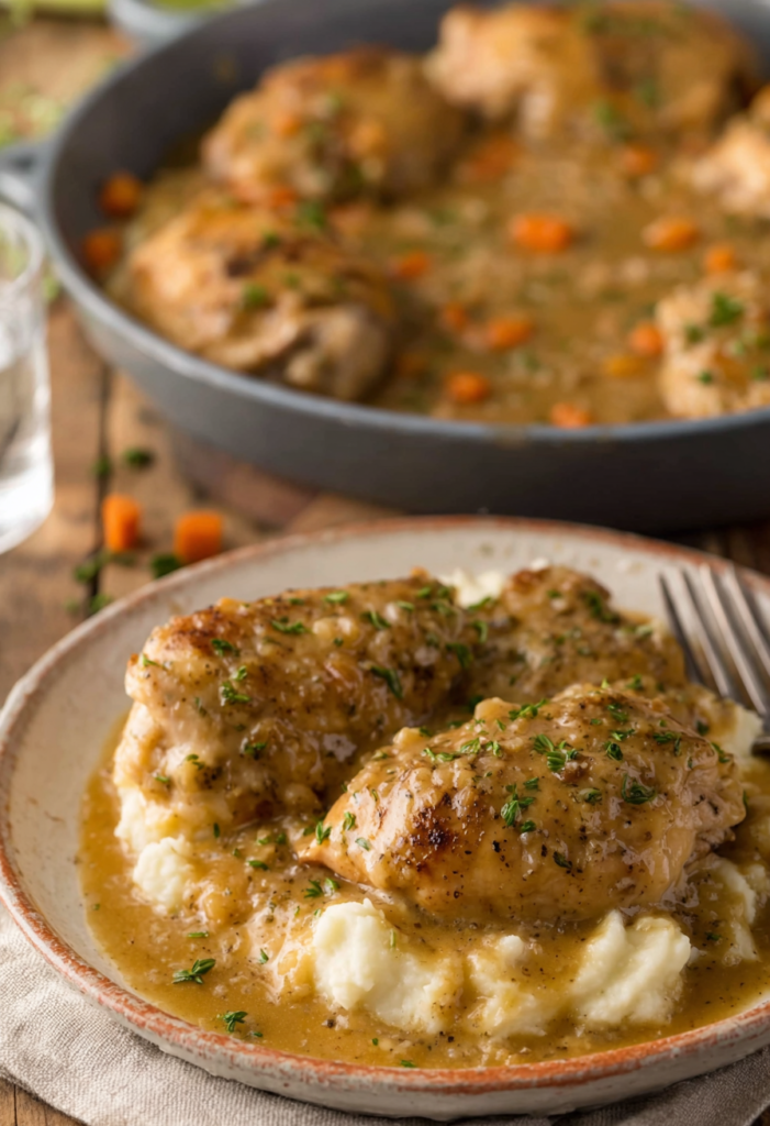 A cozy weeknight dinner scene with smothered chicken served on a plate alongside creamy mashed potatoes and green beans.
