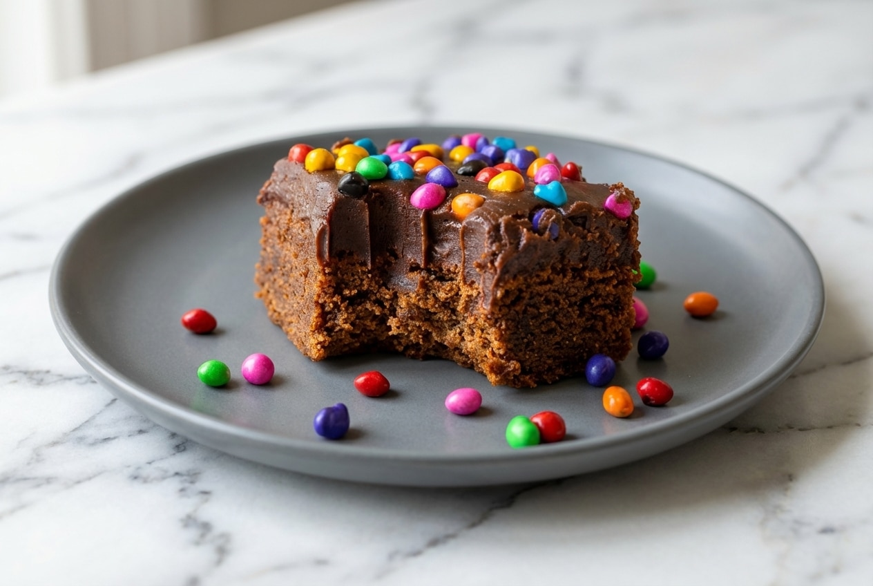Plate of copycat cosmic brownies with shiny chocolate ganache and colorful candy sprinkles, made with brown butter andespresso powder for deep flavor.