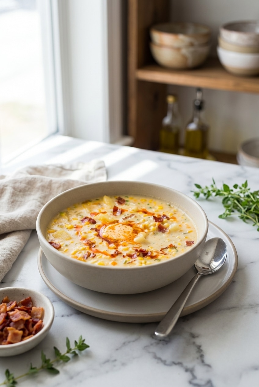 A Dutch oven filled with simmering corn chowder, showing bubbles and steam, ready to be served.