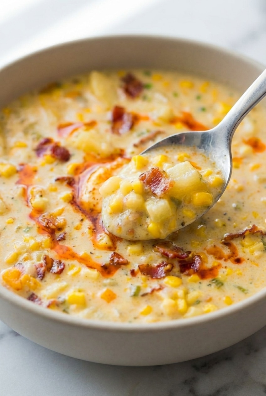 Close-up of a spoon scooping creamy corn chowder, showing tender Yukon Gold potatoes and sweet corn kernels.