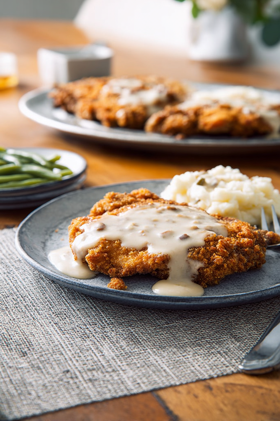 A cozy serving of country fried steak with mashed potatoes and green beans, topped with rich gravy, ready for a comforting meal.