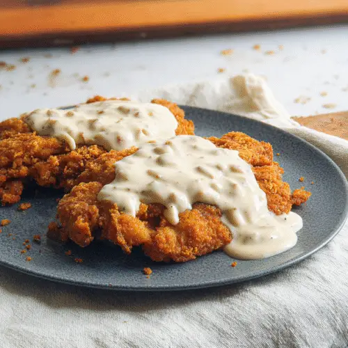 Golden-brown country fried steak with a uniquely craggy, crispy crust thanks to buttermilk powder and cornstarch, topped with creamy white gravy.