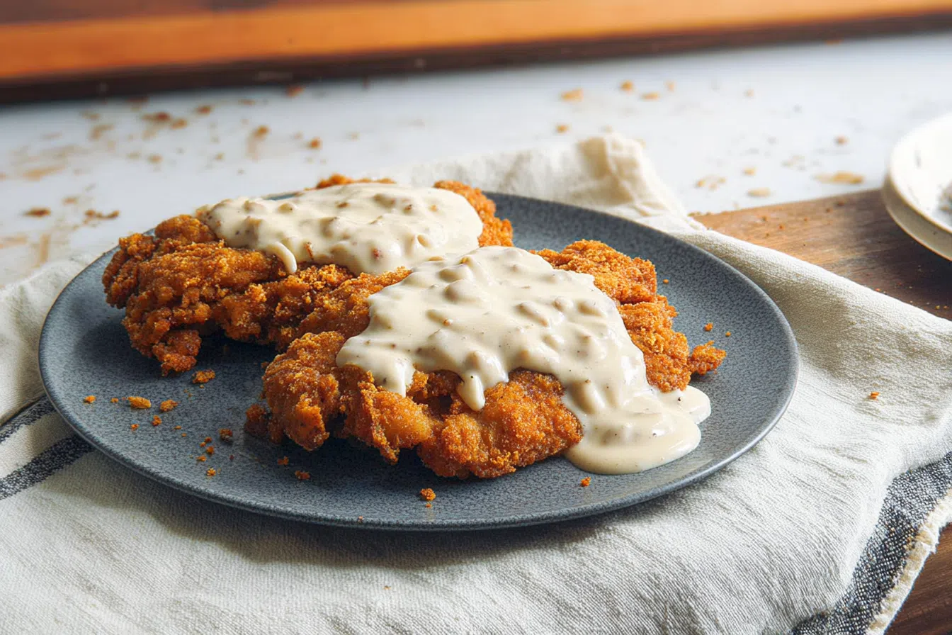 Golden-brown country fried steak with a uniquely craggy, crispy crust thanks to buttermilk powder and cornstarch, topped with creamy white gravy.