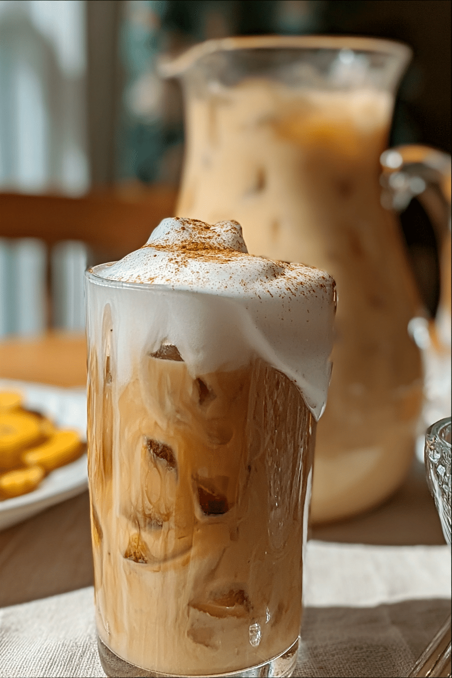 A banana bread iced latte served in a charming glass mug on a cozy wooden surface, ideal for a relaxed morning or afternoon moment.