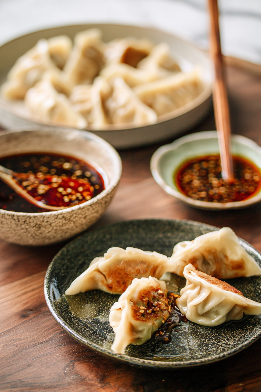 A rustic serving scene featuring a bowl of fresh dumpling sauce alongside steaming potstickers on a wooden table, ready for sharing.