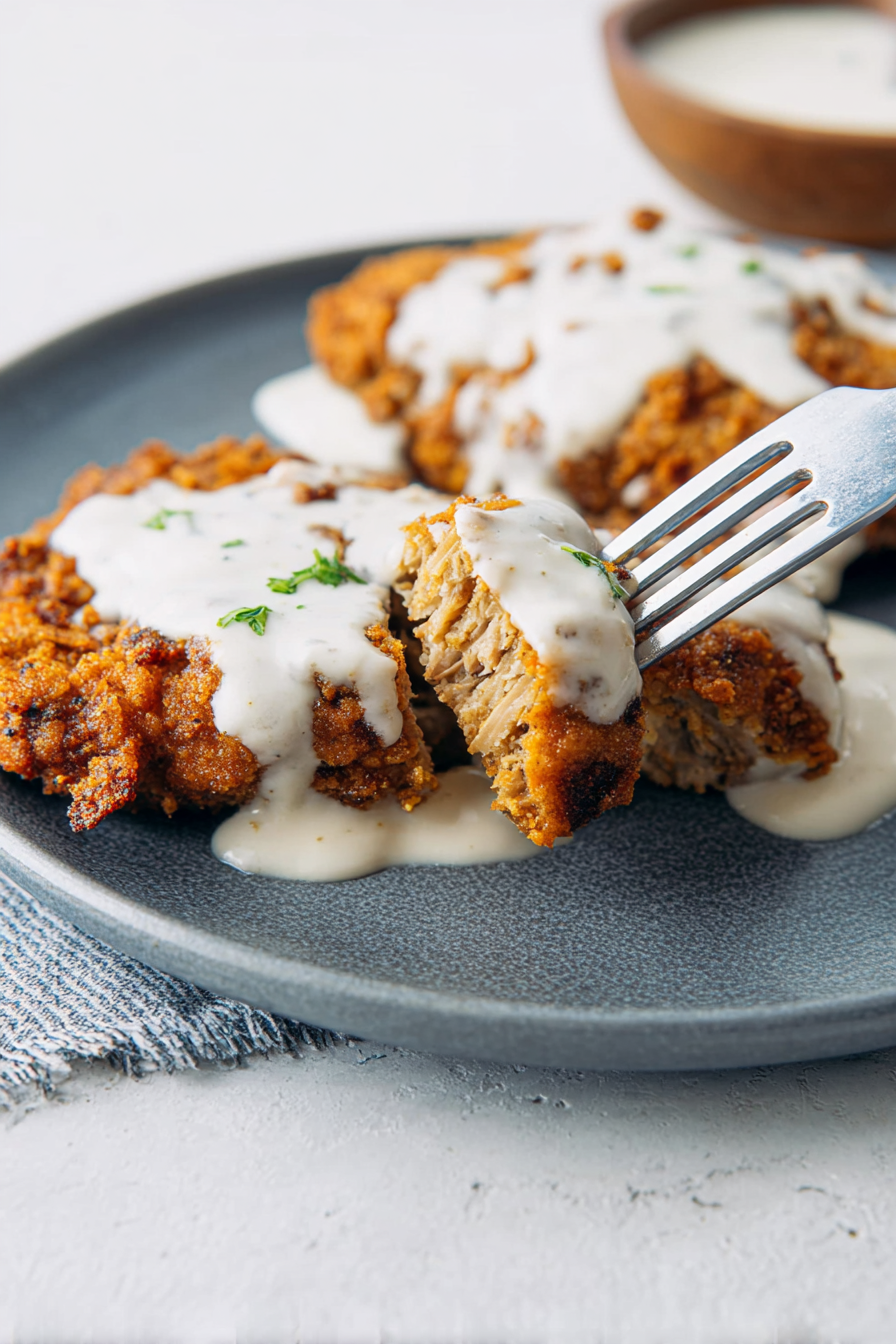 Macro close-up of the exceptionally crispy, craggy coating on a piece of country fried steak, showcasing the unique texture.