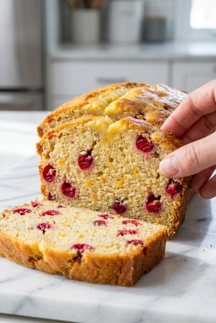 A sliced cranberry orange bread loaf showing its moist, tender crumb speckled with cranberries and orange zest, indicating a perfect bake.