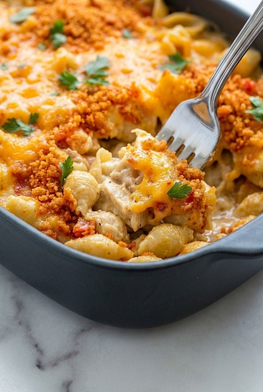 Close up of creamy cheesy chicken casserole being prepared in a casserole dish to ensure a velvety sauce.