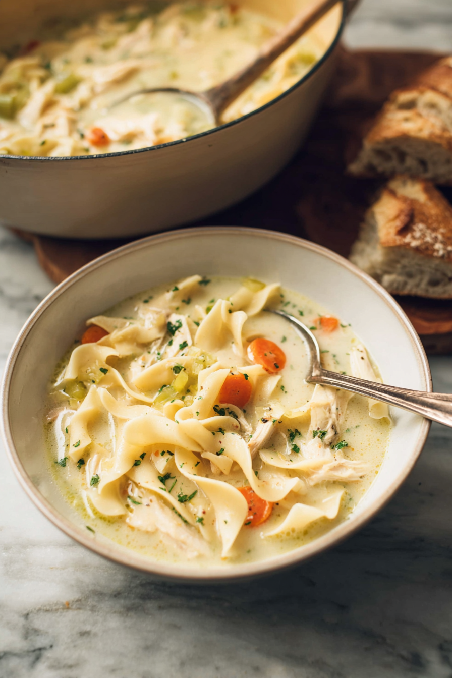 A warm bowl of creamy chicken noodle soup served on a rustic wooden table with a spoon, evoking a cozy comfort food scene.