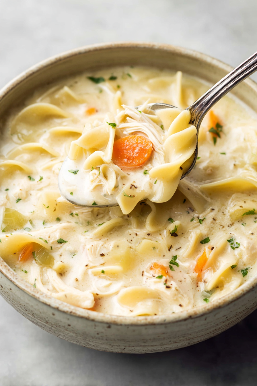 Close-up of creamy chicken noodle soup, showcasing the thick, velvety broth coating tender egg noodles and shredded chicken.