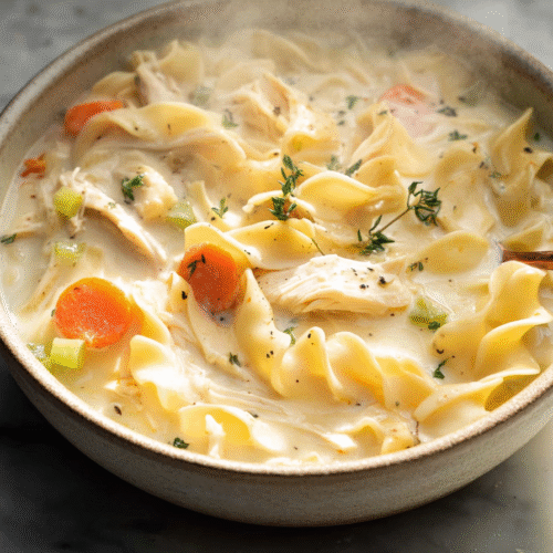 A steaming bowl of creamy chicken noodle soup, garnished with fresh parsley, highlighting the velvety broth infused with garlic, thyme, and lemon.