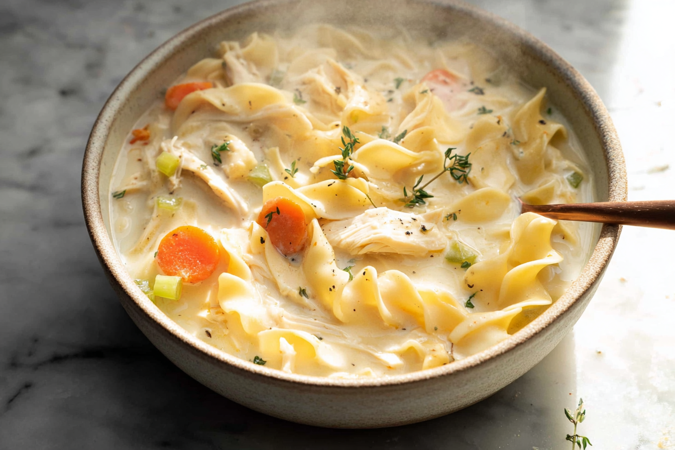 A steaming bowl of creamy chicken noodle soup, garnished with fresh parsley, highlighting the velvety broth infused with garlic, thyme, and lemon.