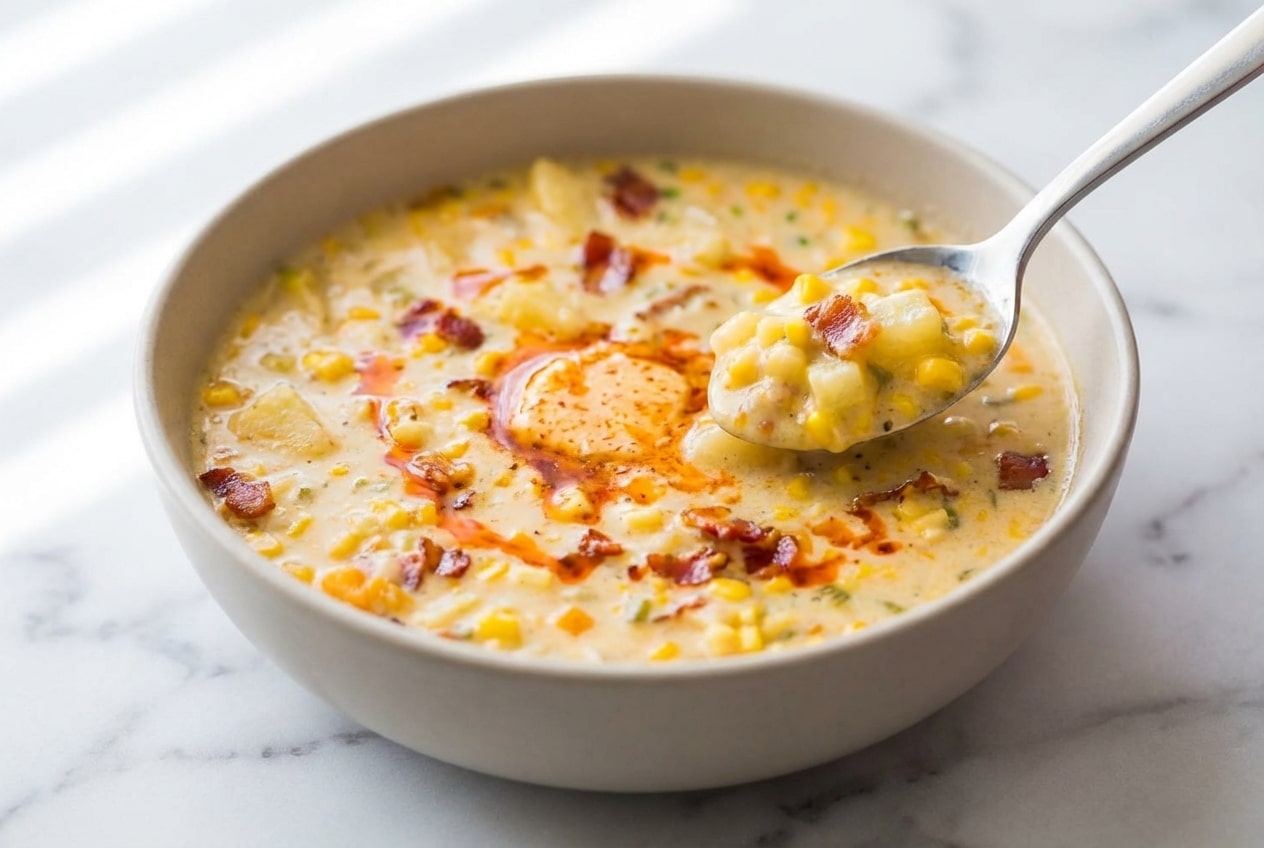 Creamy corn chowder recipe in a rustic bowl, garnished with green onions and a swirl of melted Smoked Paprika & Miso Finishing Butter.