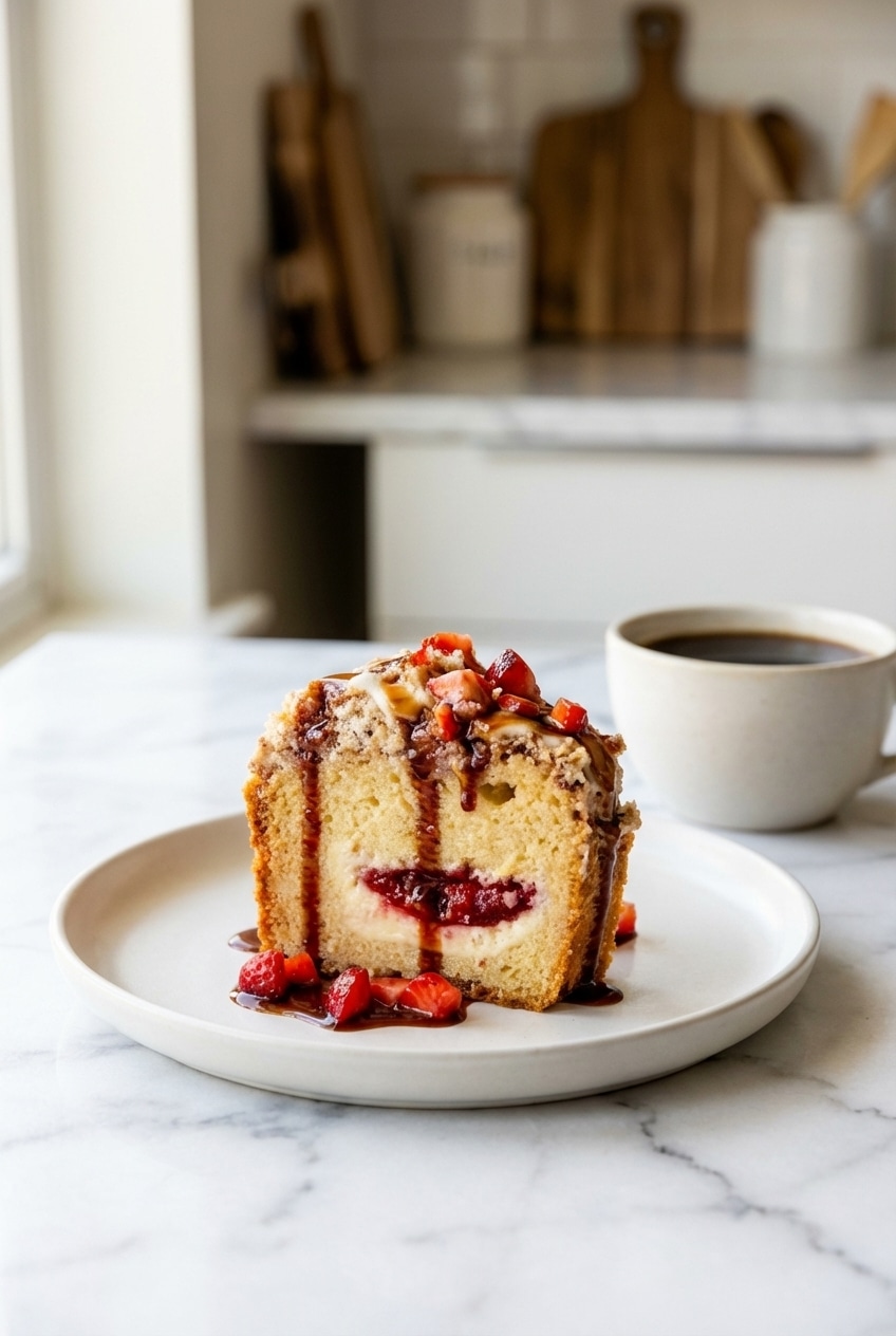 An overhead close-up view of the interior crumb and creamy filling of strawberries and cream coffee cake.