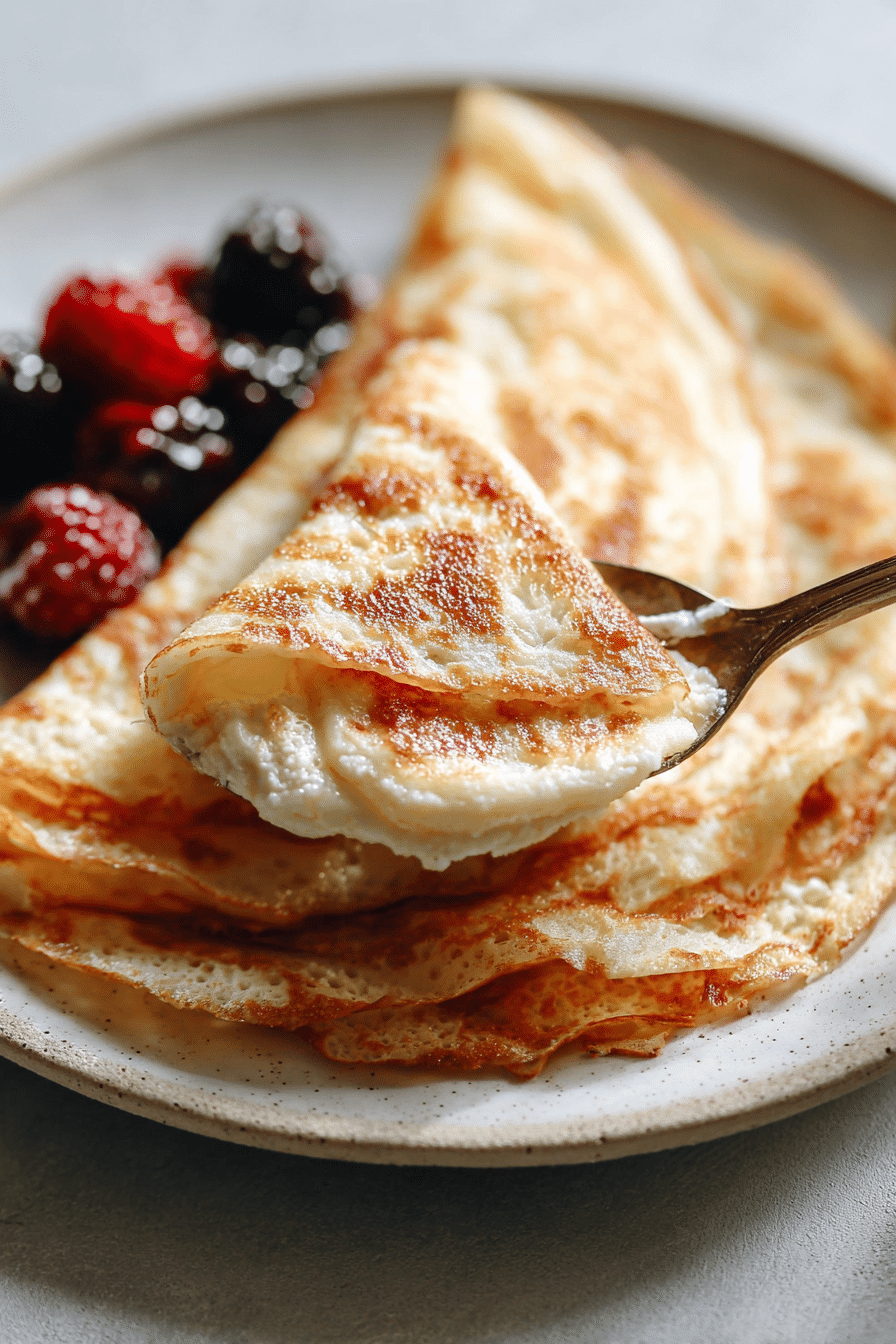 A close-up of a delicate crepe surface, showing its thin, flexible texture and tiny air bubbles from a successful crepe recipe.