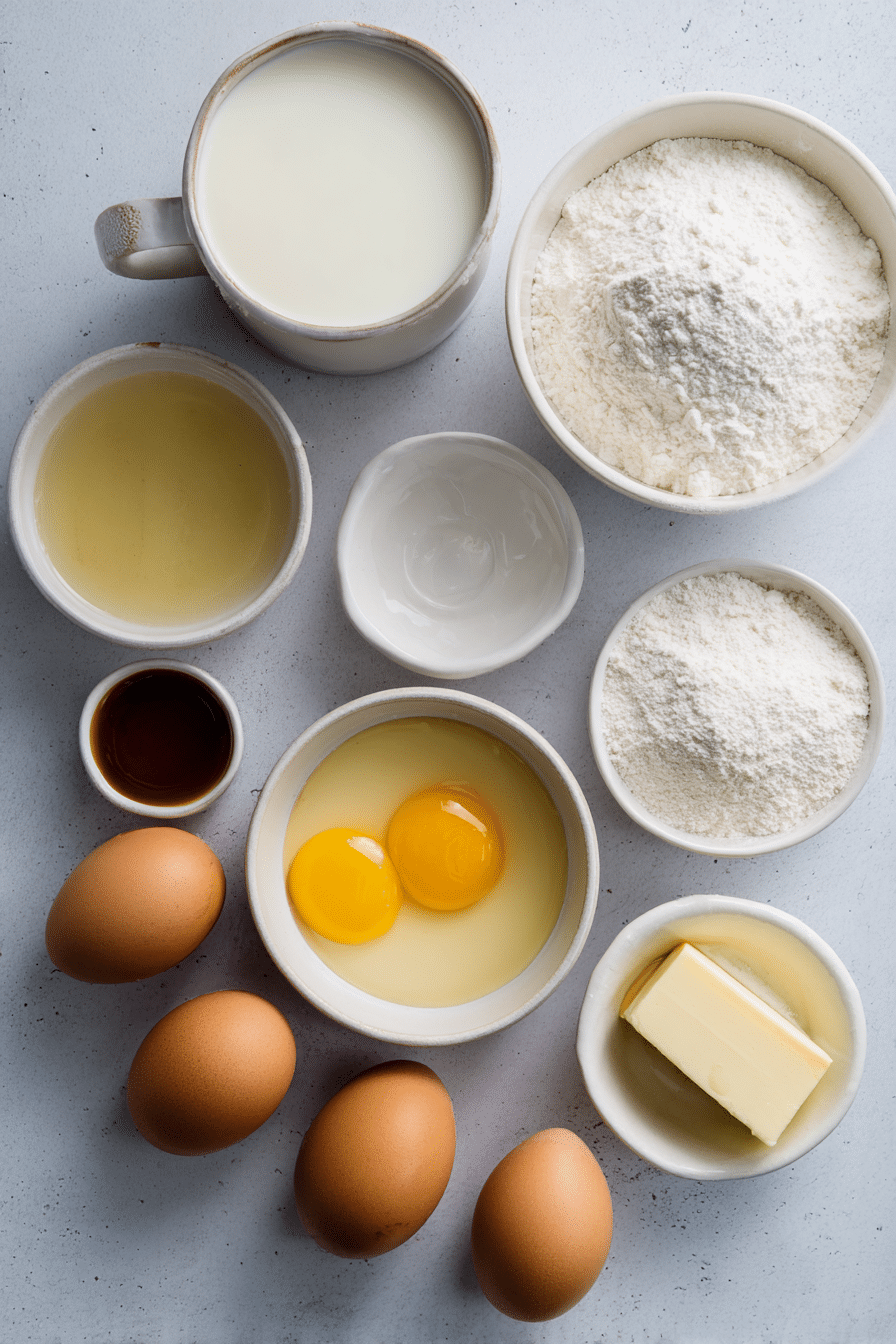 Overhead view of raw ingredients for a crepe recipe, including flour, eggs, milk, sugar, butter, and a vanilla bean.