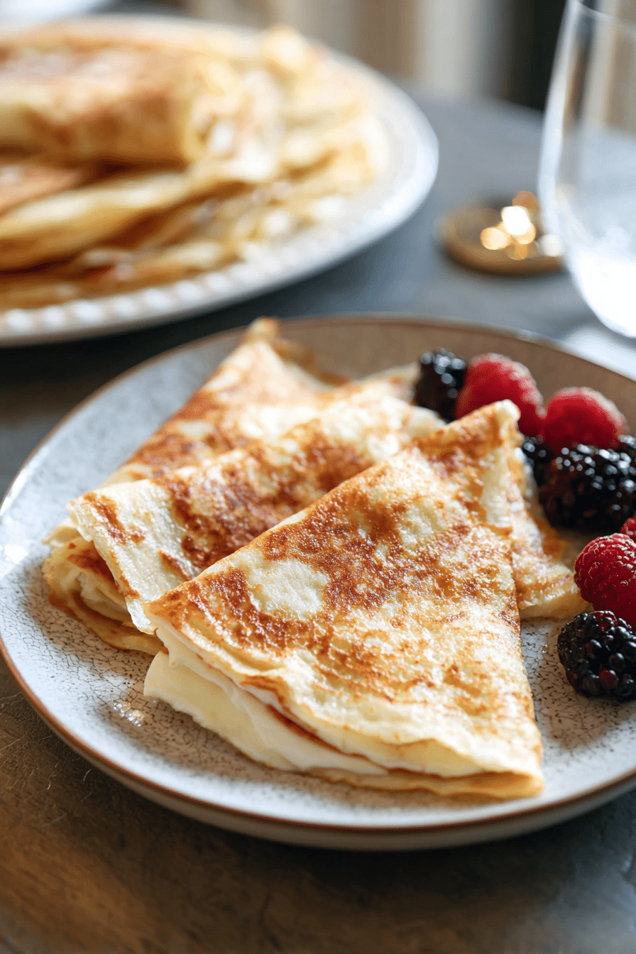 A casual breakfast scene with a plate of crepes, fresh berries, and a pitcher of syrup, ideal for a morning crepe recipe.