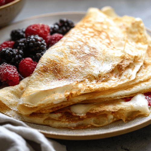 A stack of golden-brown crepes with a dusting of powdered sugar, showcasing delicate edges and a subtle vanilla-citrus fragrance.
