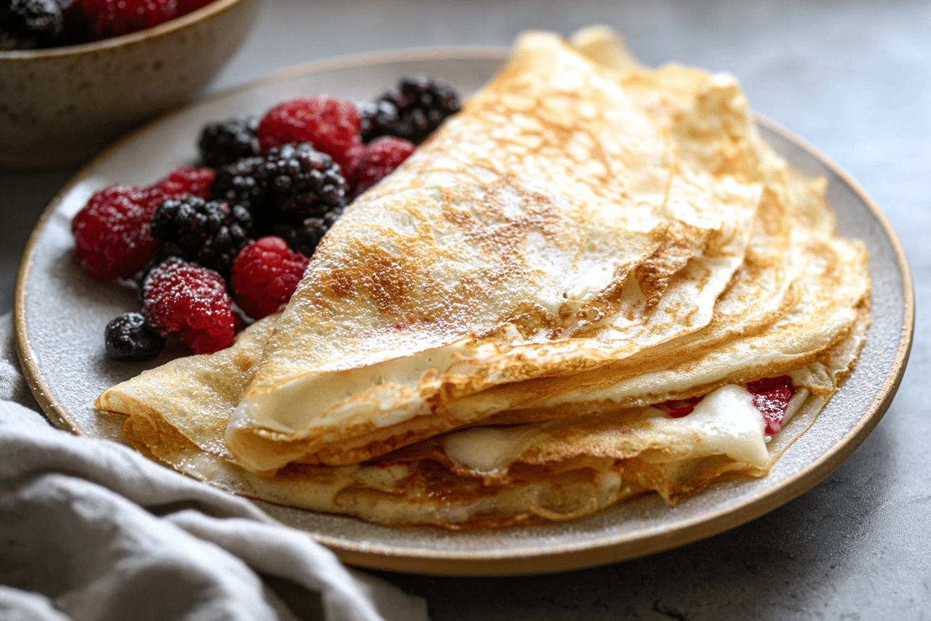 A stack of golden-brown crepes with a dusting of powdered sugar, showcasing delicate edges and a subtle vanilla-citrus fragrance.