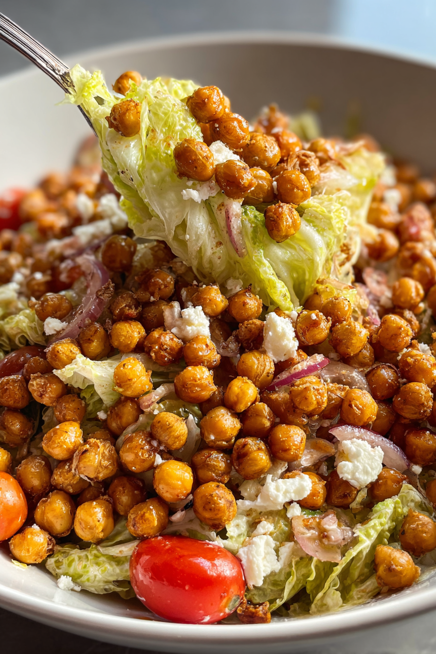 A close-up of a fork lifting a perfectly golden, crispy chickpea from an iceberg lettuce salad, showcasing its textured surface.