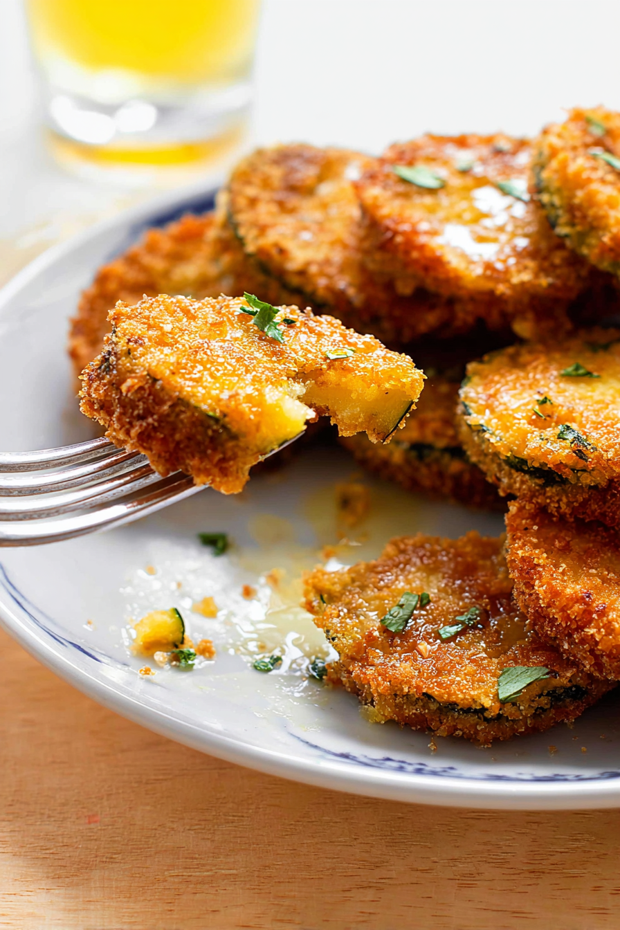 A macro close-up of a perfectly golden-brown piece of Fried Zucchini, highlighting the crunchy cornstarch-panko crust.