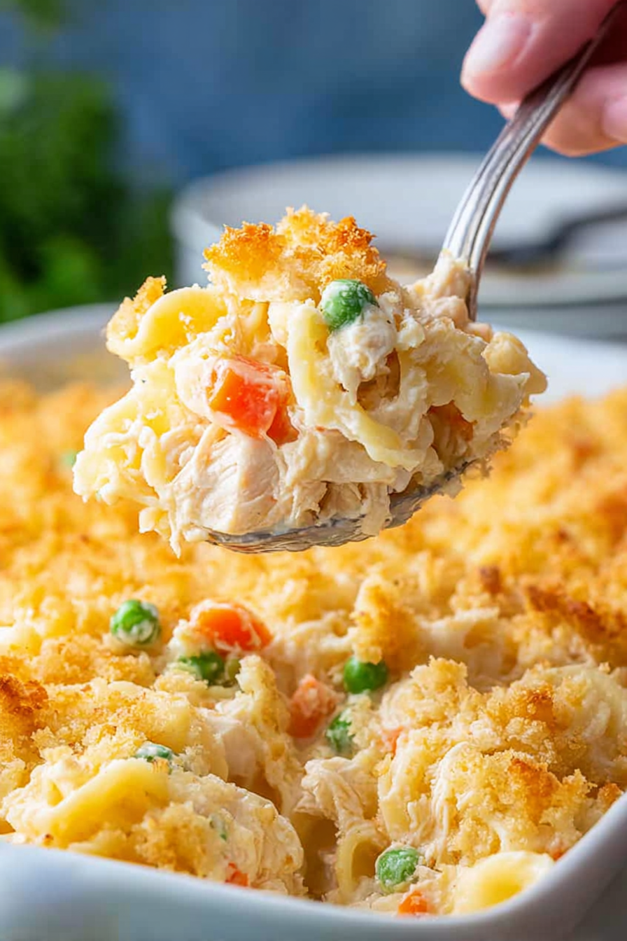 A close-up of the golden-baked topping on a chicken noodle casserole, showing crispy panko bread crumbs and bubbling cheese.