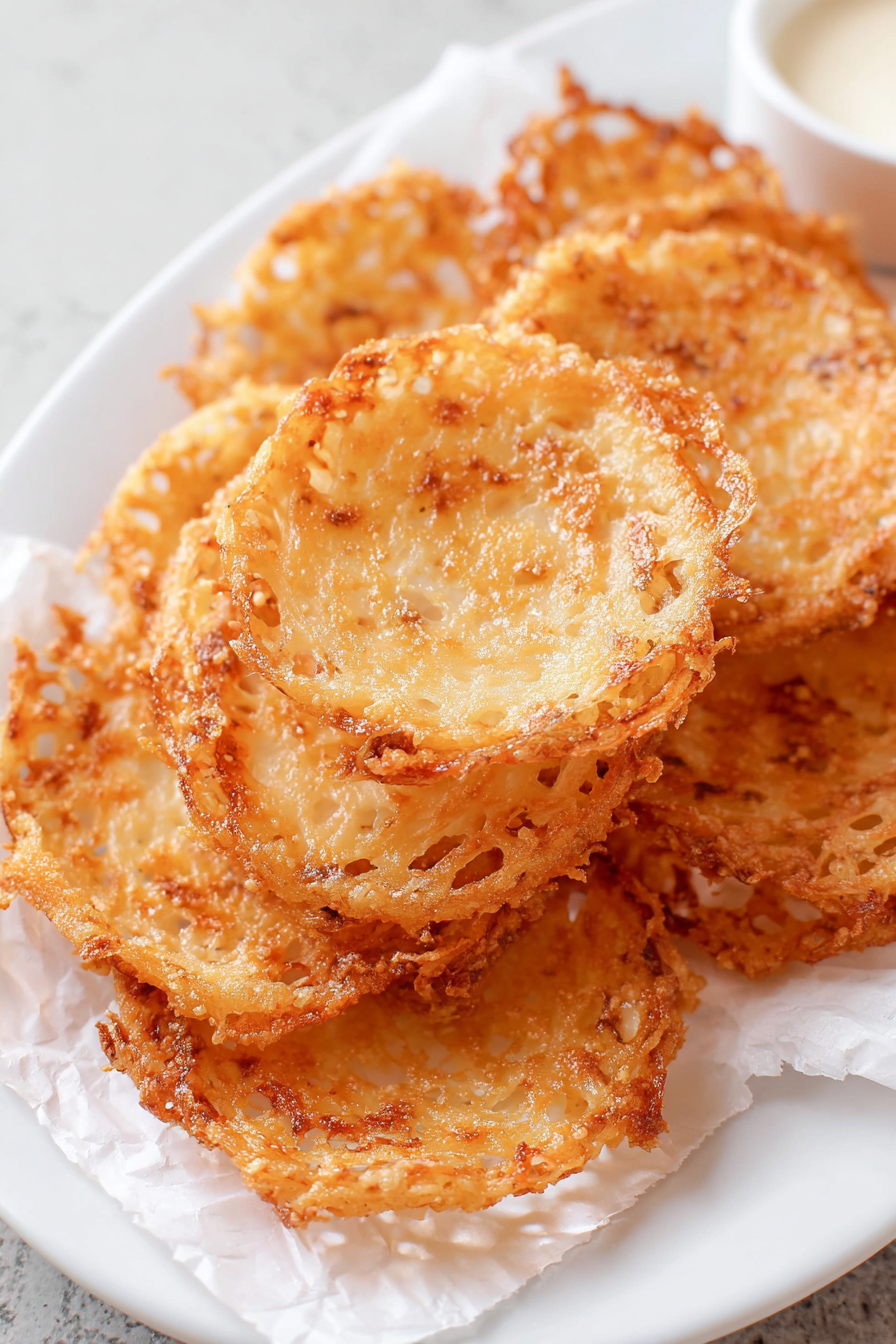 Extreme close-up of golden, crispy low carb onion ring chips showing textured edges and speckled seasoning from smoked paprika.