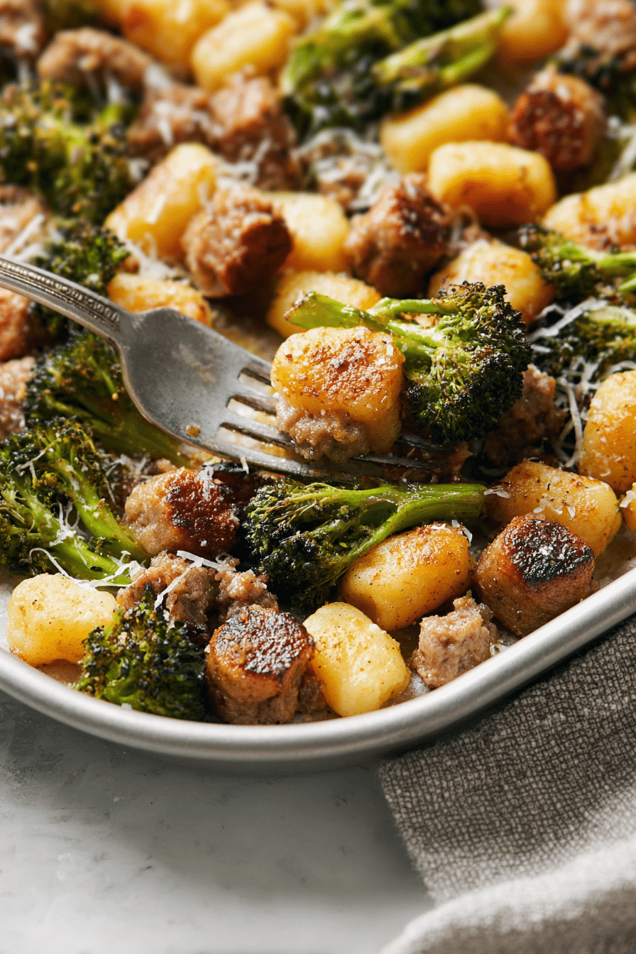 Close-up of golden-brown Crispy Sheet Pan Gnocchi showing the caramelized edges and roasted broccoli florets.