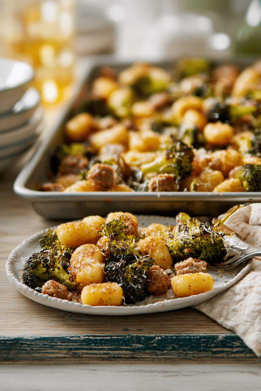 A rustic serving platter piled high with Crispy Sheet Pan Gnocchi, ready for a family dinner gathering.
