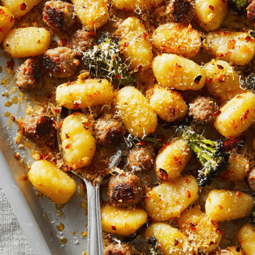 A vibrant plate of Crispy Sheet Pan Gnocchi with Italian sausage, broccoli, and a spicy Calabrian chili oil sheen.