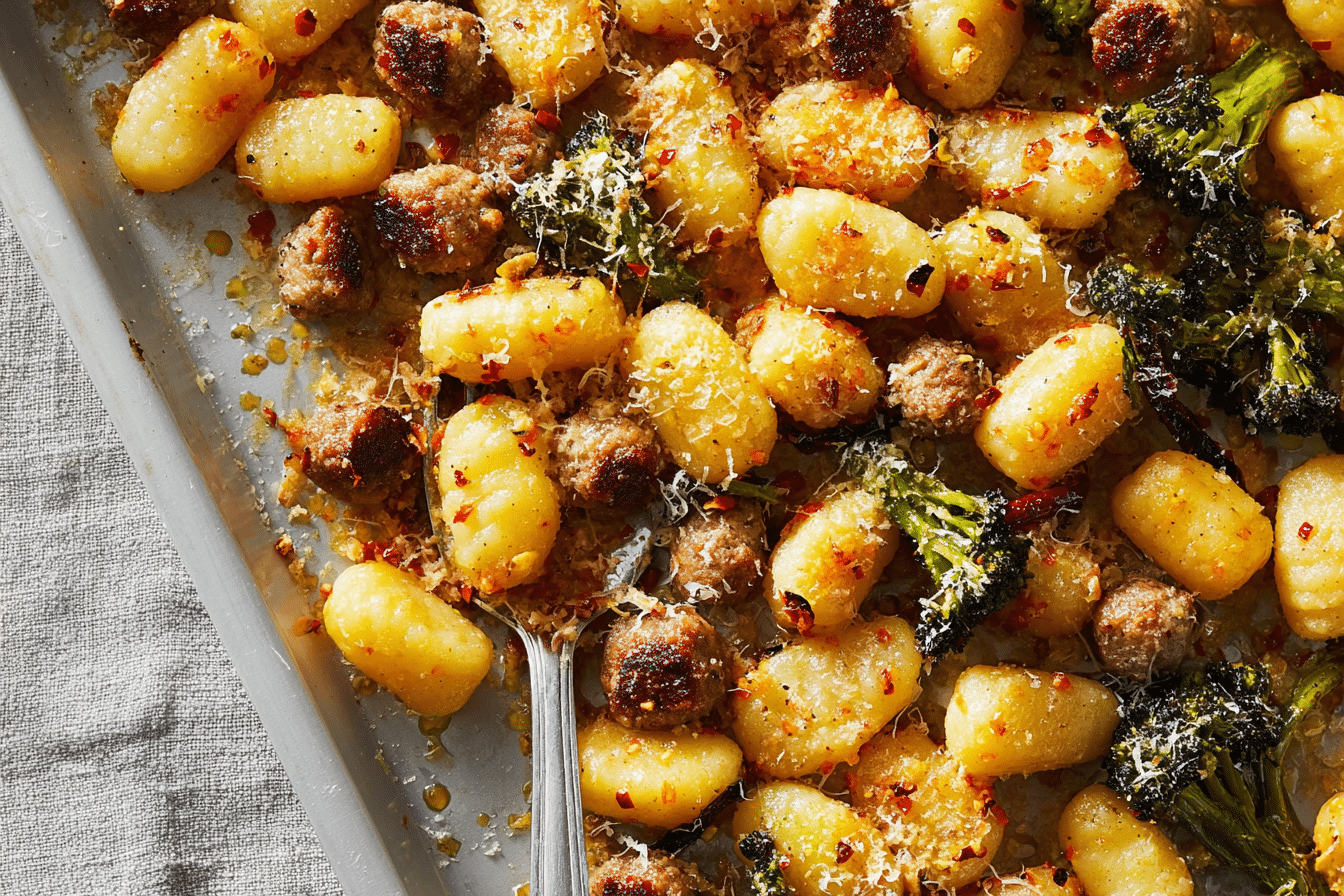 A vibrant plate of Crispy Sheet Pan Gnocchi with Italian sausage, broccoli, and a spicy Calabrian chili oil sheen.