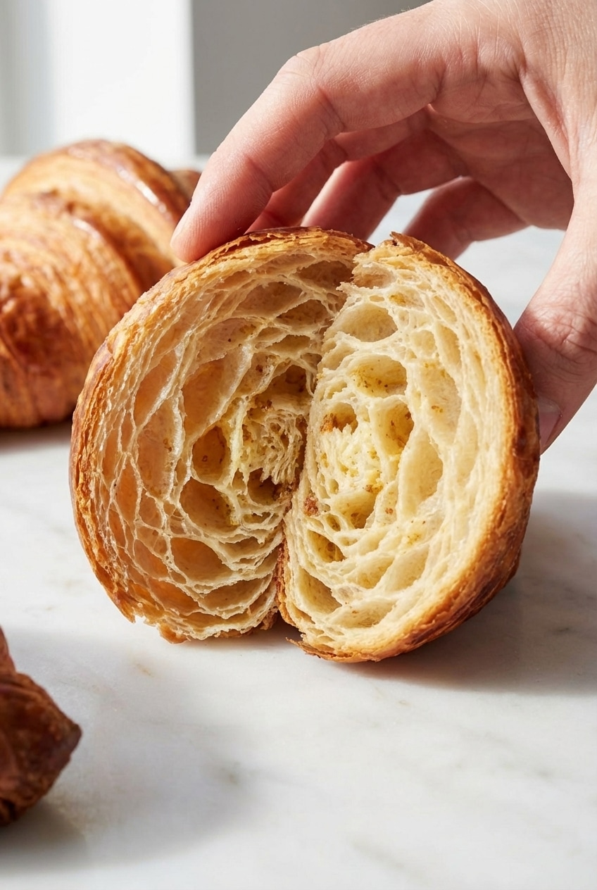 Close-up of a stack of Croissant Recipe dough layers showing initial lamination steps and Beurrage.
