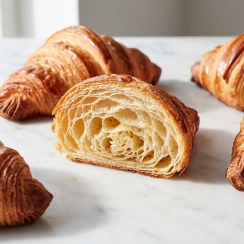 Golden-brown Croissant Recipe with distinct, airy layers from cold-infused brown butter lamination.