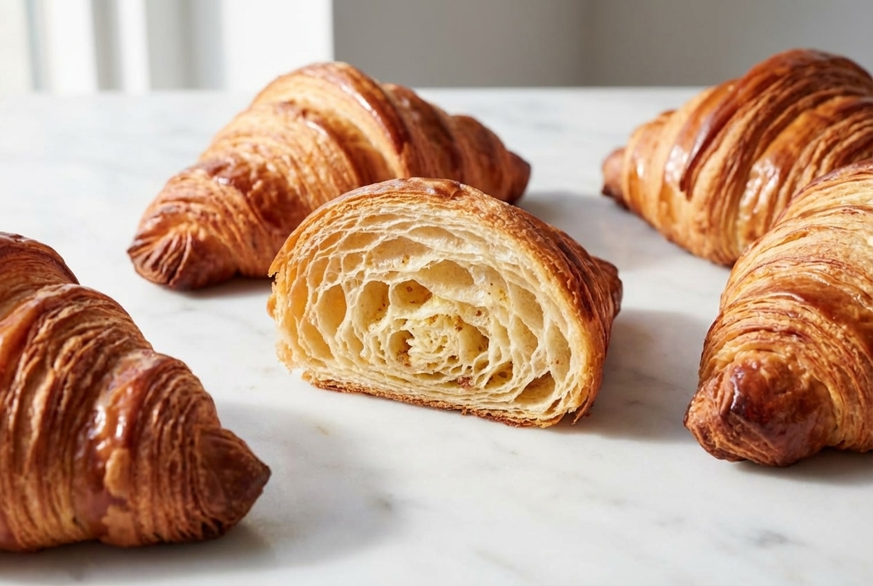 Golden-brown Croissant Recipe with distinct, airy layers from cold-infused brown butter lamination.