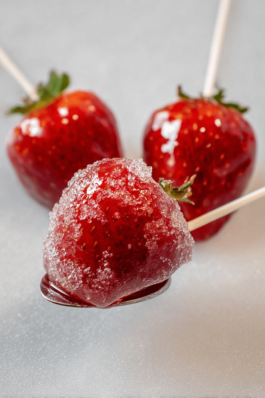 Close-up of the glass-like candy shell on strawberry tanghulu, showcasing its hard, translucent texture achieved without corn syrup.