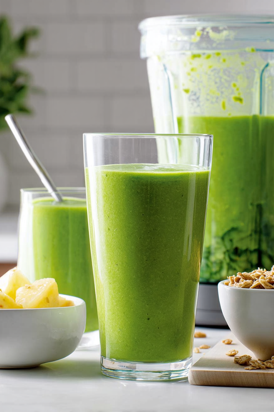 A person holding a glass of Detox Island Green Smoothie in a bright, inviting kitchen setting, ideal for a morning routine.